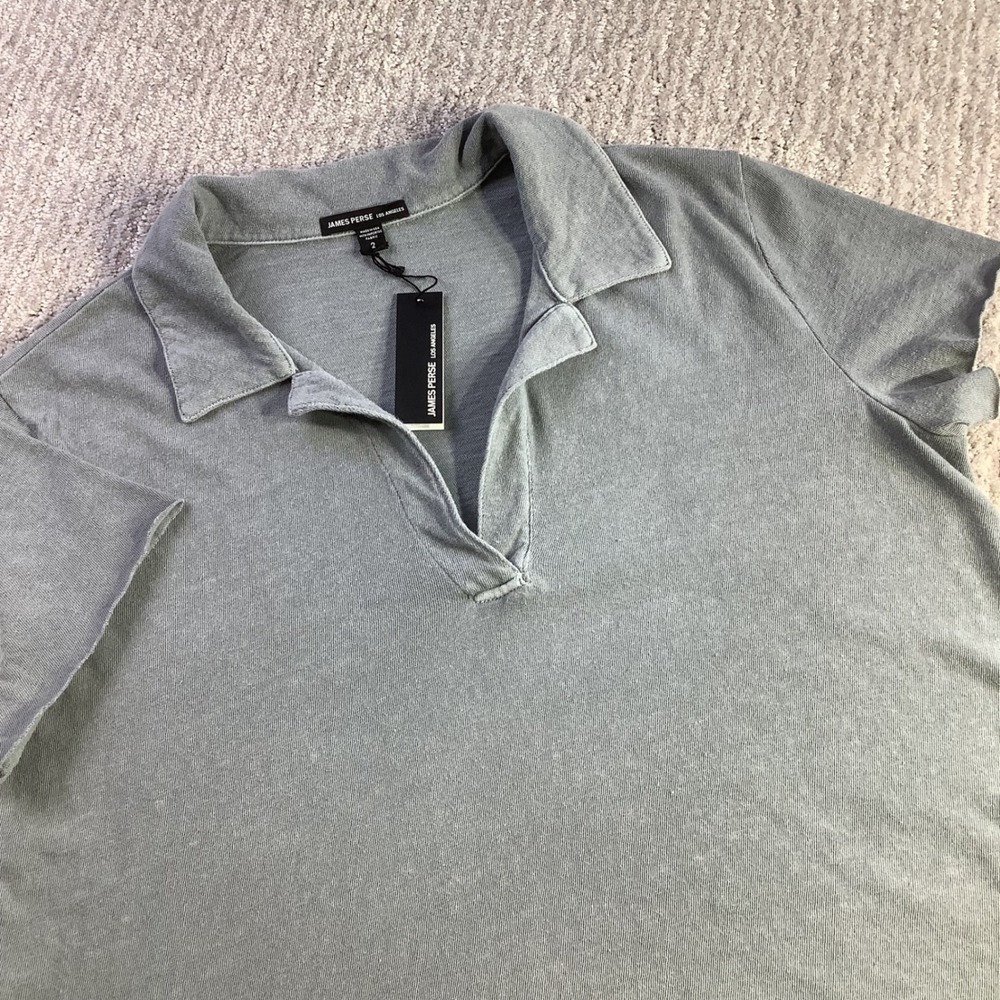 James Perse Los Angeles Cotton V Neck Polo Shirt Grey Green Size 2 NWT